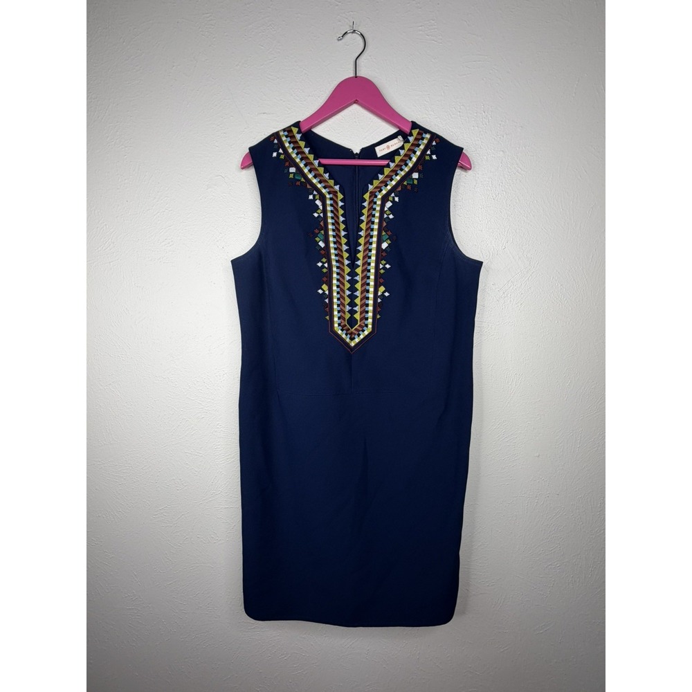 TORY BURCH Sophia Tunic Sleeveless Navy Beaded Tribal Tropical Dress 12 Large